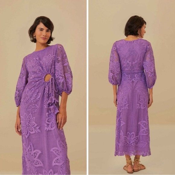 FARM Rio Dresses & Skirts - Farm Rio Cut Out Guipure Midi Dress Lace Eyelet Crochet Purple Lilac Floral Sz M